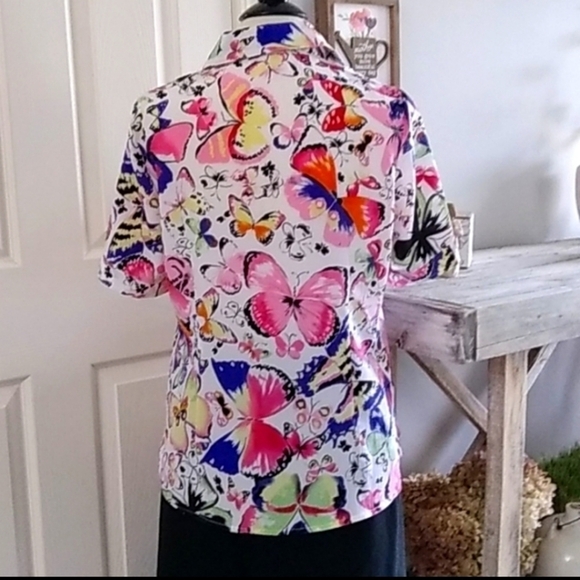 90's Alia Vintage Butterfly Blouse Sheer Short Sleeve Colorful Bold - Picture 3 of 7